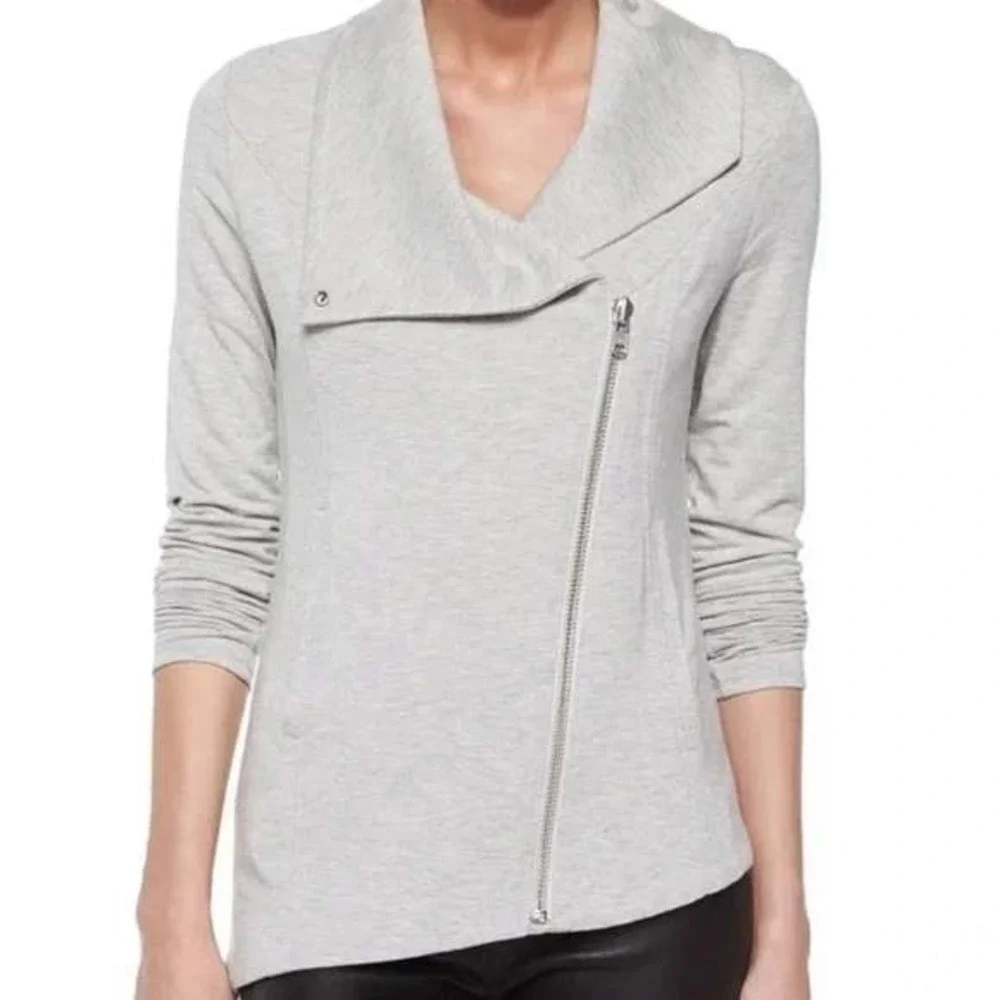 Helmut Lang Villous Asymmetrical Zip Moto Jacket Drape Collar‎ Sz L Gray Heather